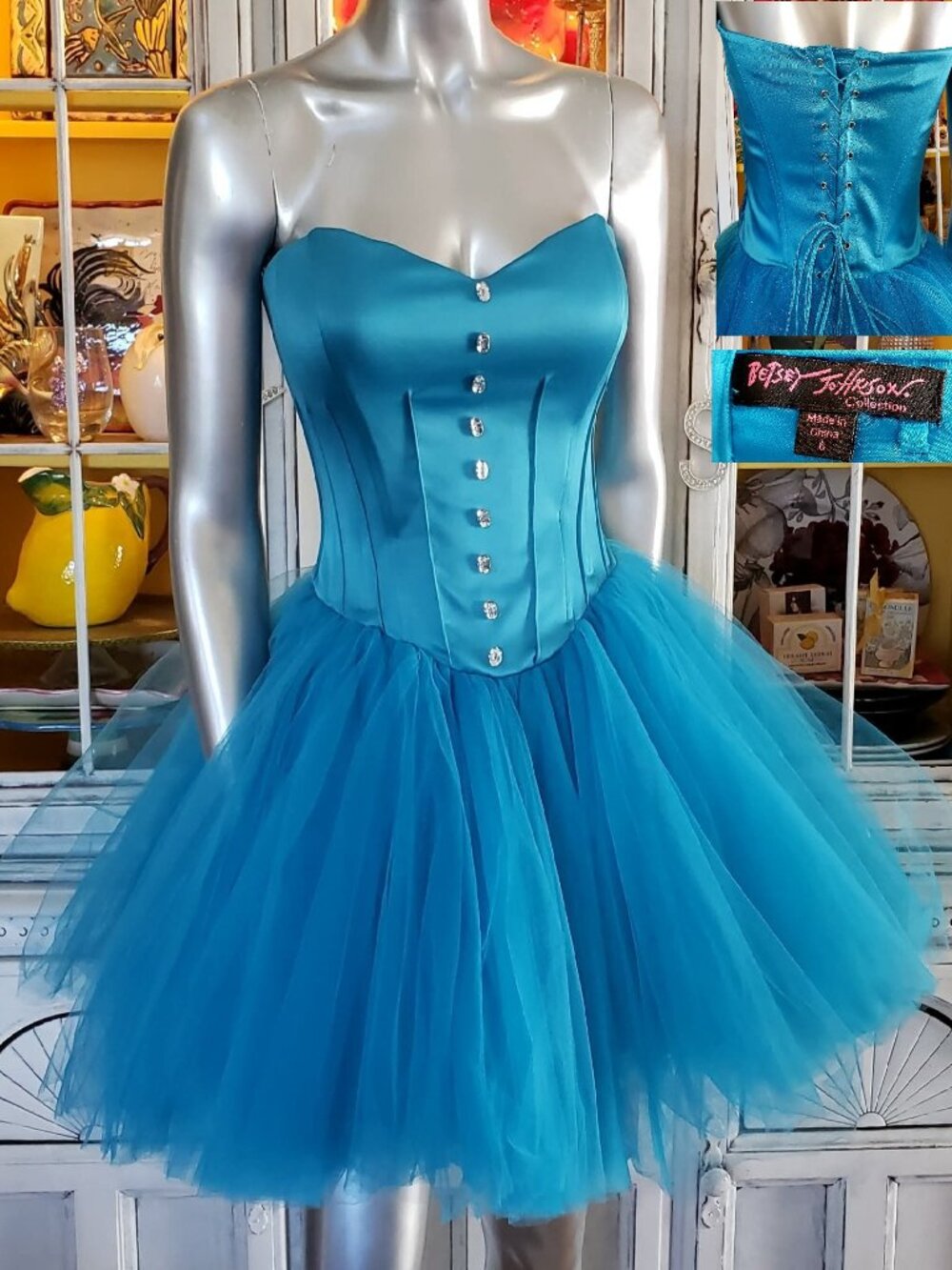 Vintage Betsey Johnson Blue Lace Up Corset Tea Party Tulle TuTu Ballerina Dress